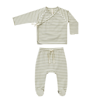 Thumbnail for QUINCY MAE Wrap Top + Footed Pant Set - Sage Stripe