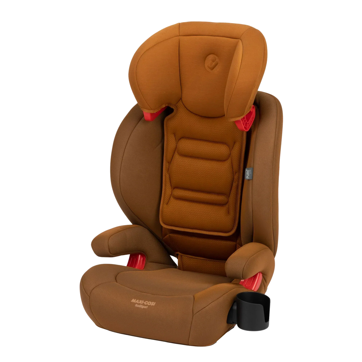 Maxi-Cosi RodiSport high-back booster seat in Authentic Cognac showing padded headrest, red UAS connectors, and integrated cup holder.