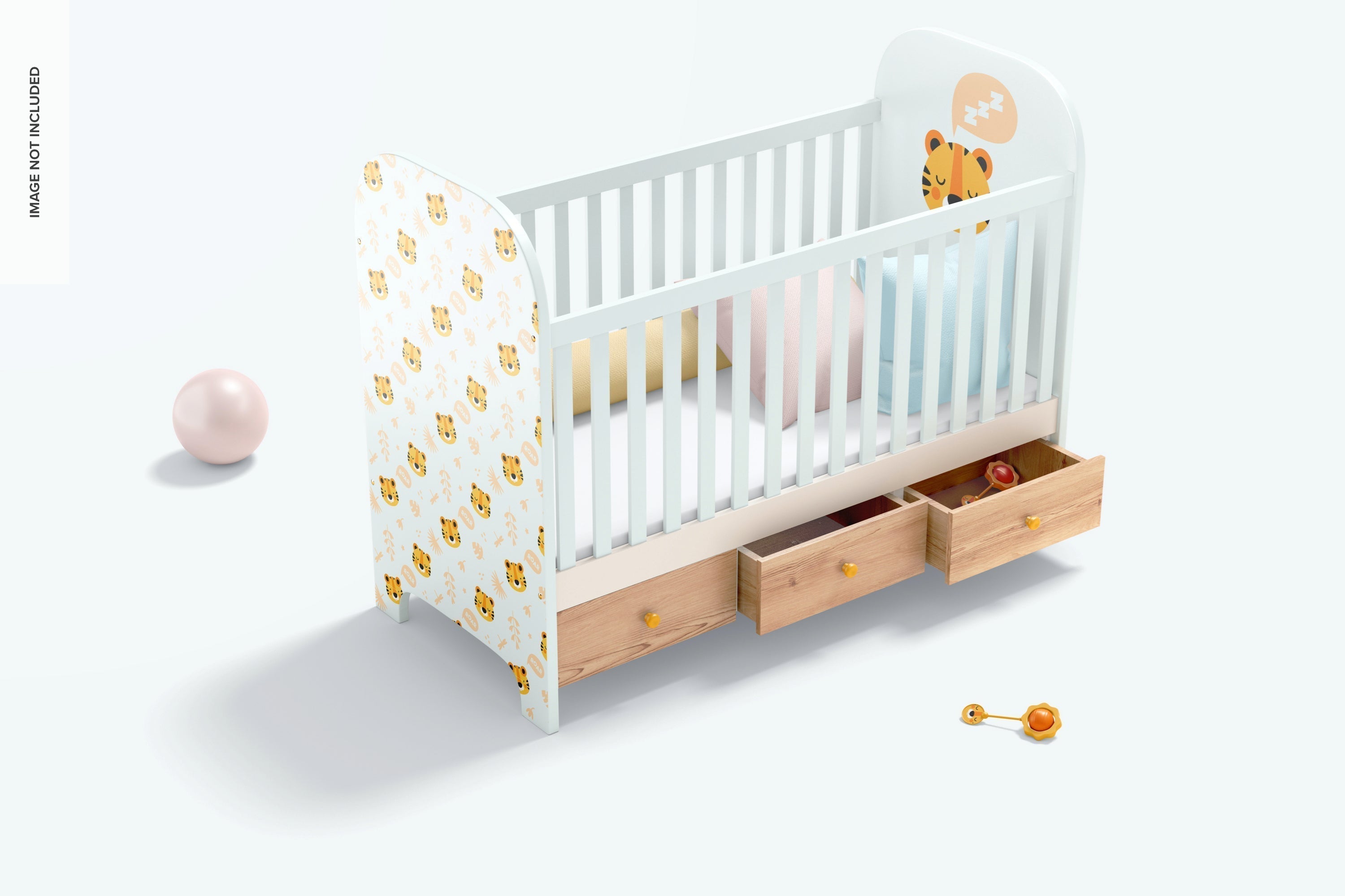 Modern baby crib with a playful tiger design and soft pastel colors.