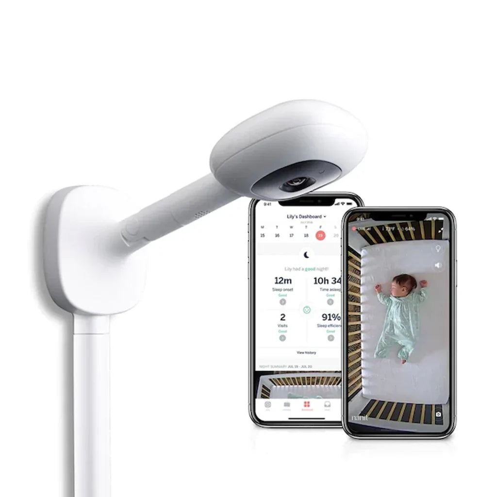 Smart baby monitor camera with mobile app showing sleep tracking data and live video of a baby in a crib.