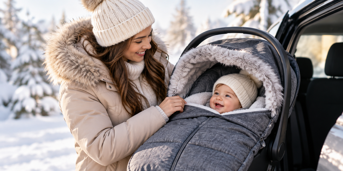 Mom keeps her smiling baby warm and cozy in a covered car seat during a snowy Canadian winter outing.            Is this conversation helpful so far?
