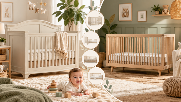 Convertible and standard cribs displayed in a warm, modern nursery, highlighting comfortable sleep spaces for growing babies.