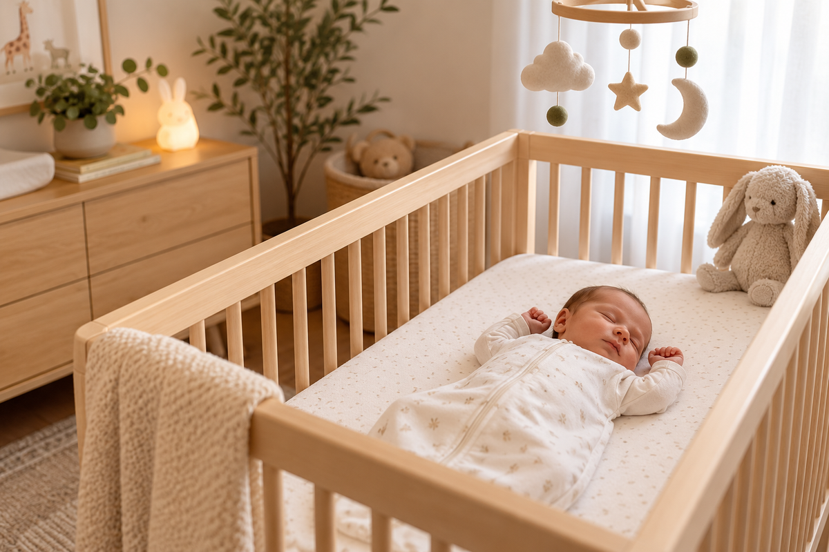 Newborn sleeping peacefully in a cozy crib, creating a calm and comforting nursery scene.