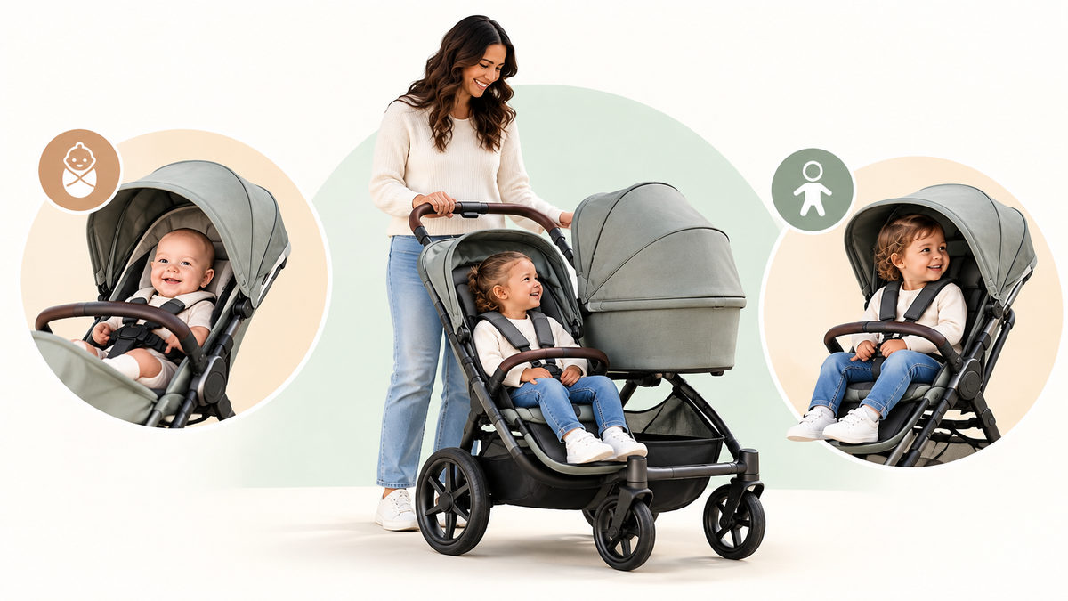 A mom enjoys a stroll with her toddler in the UPPAbaby Vista stroller, showcasing RumbleSeat seating options for growing families.