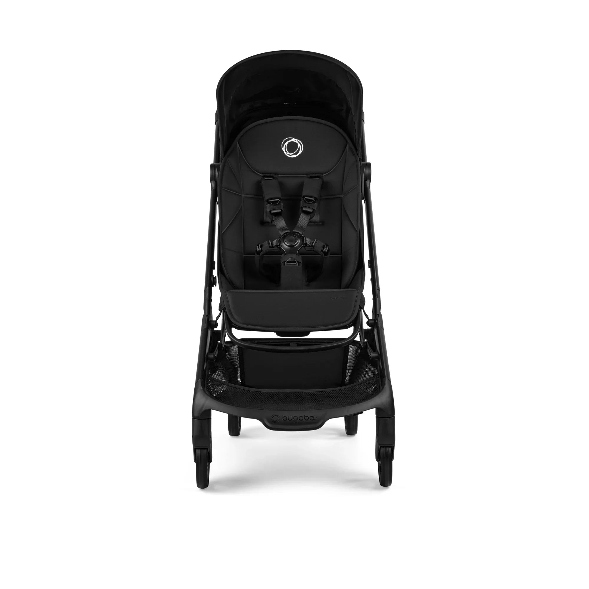 Bugaboo lightweight stroller in all-black with five-point harness and extended canopy, front-facing product shot on a white background. 