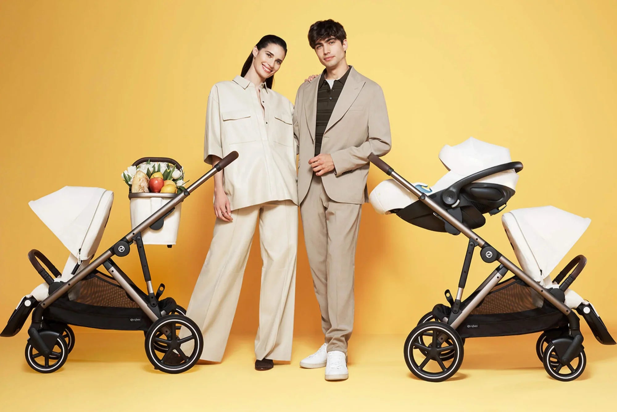 Cybex Gazelle S double stroller shown with removable grocery basket, the expandable single-to-double system for growing families.  