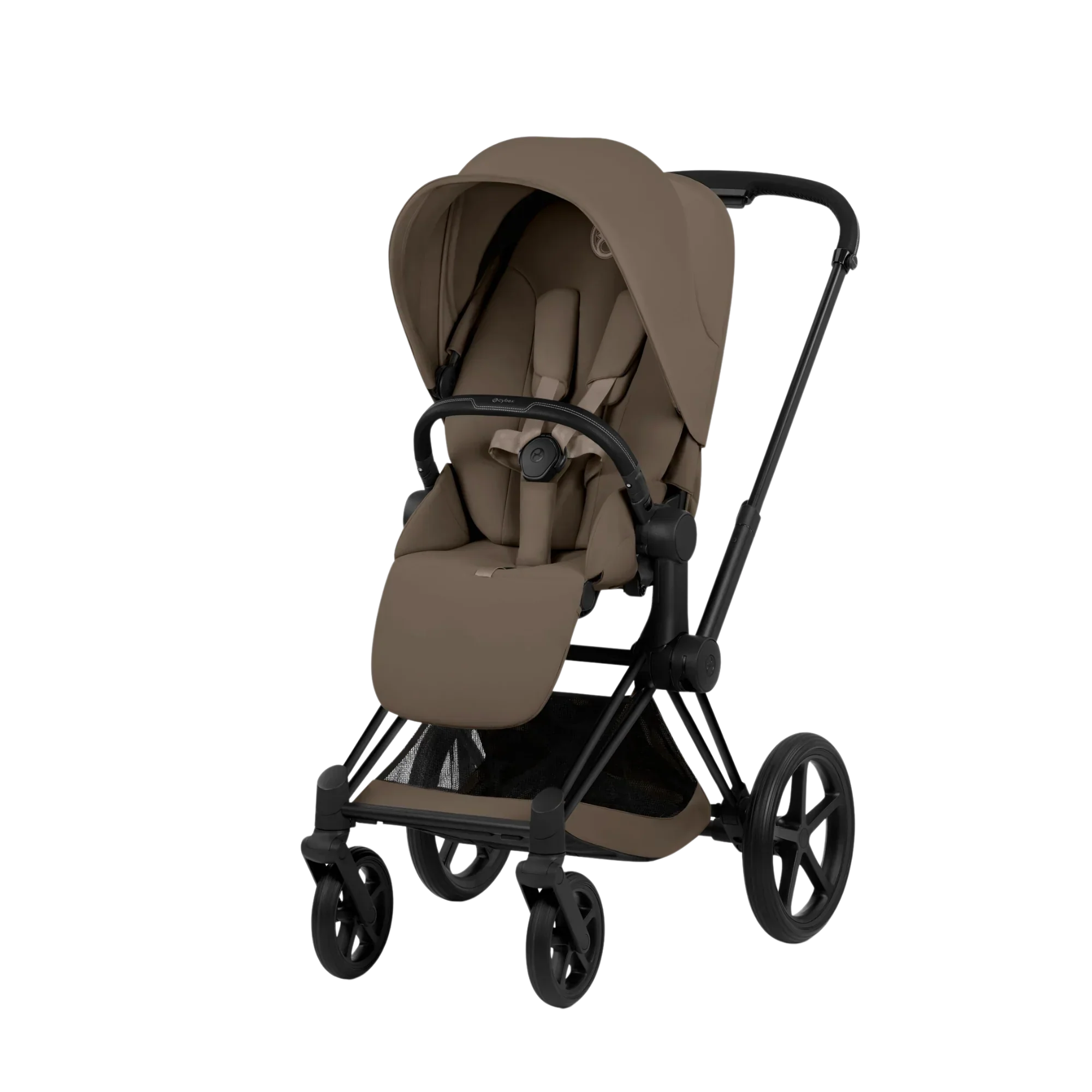 Cybex Priam stroller in taupe with black frame, parent-facing reversible seat and one-pull harness. 