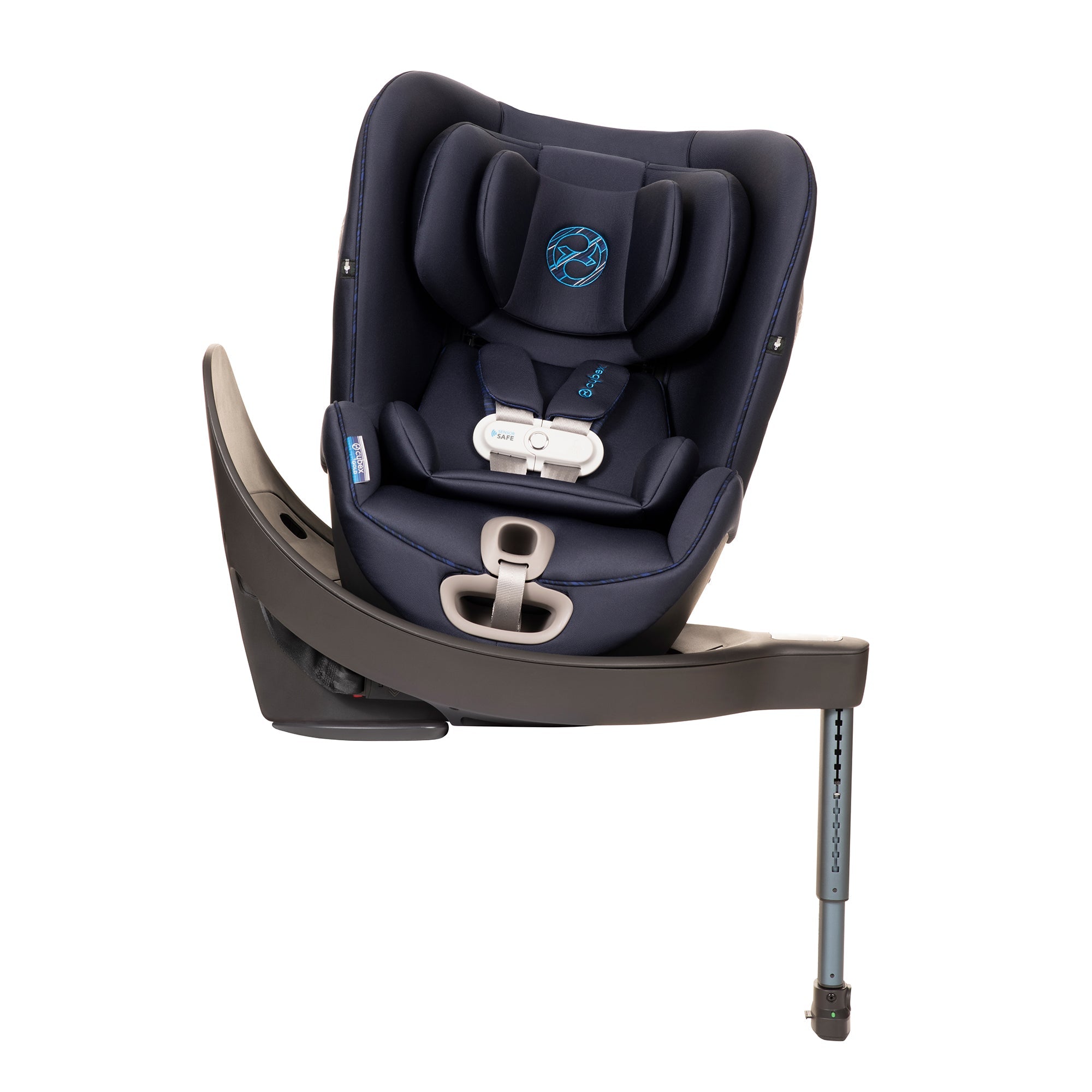 Cybex Sirona S car seat on white background, highlighting its sleek design and smooth 360° rotation for easy access and safety.  