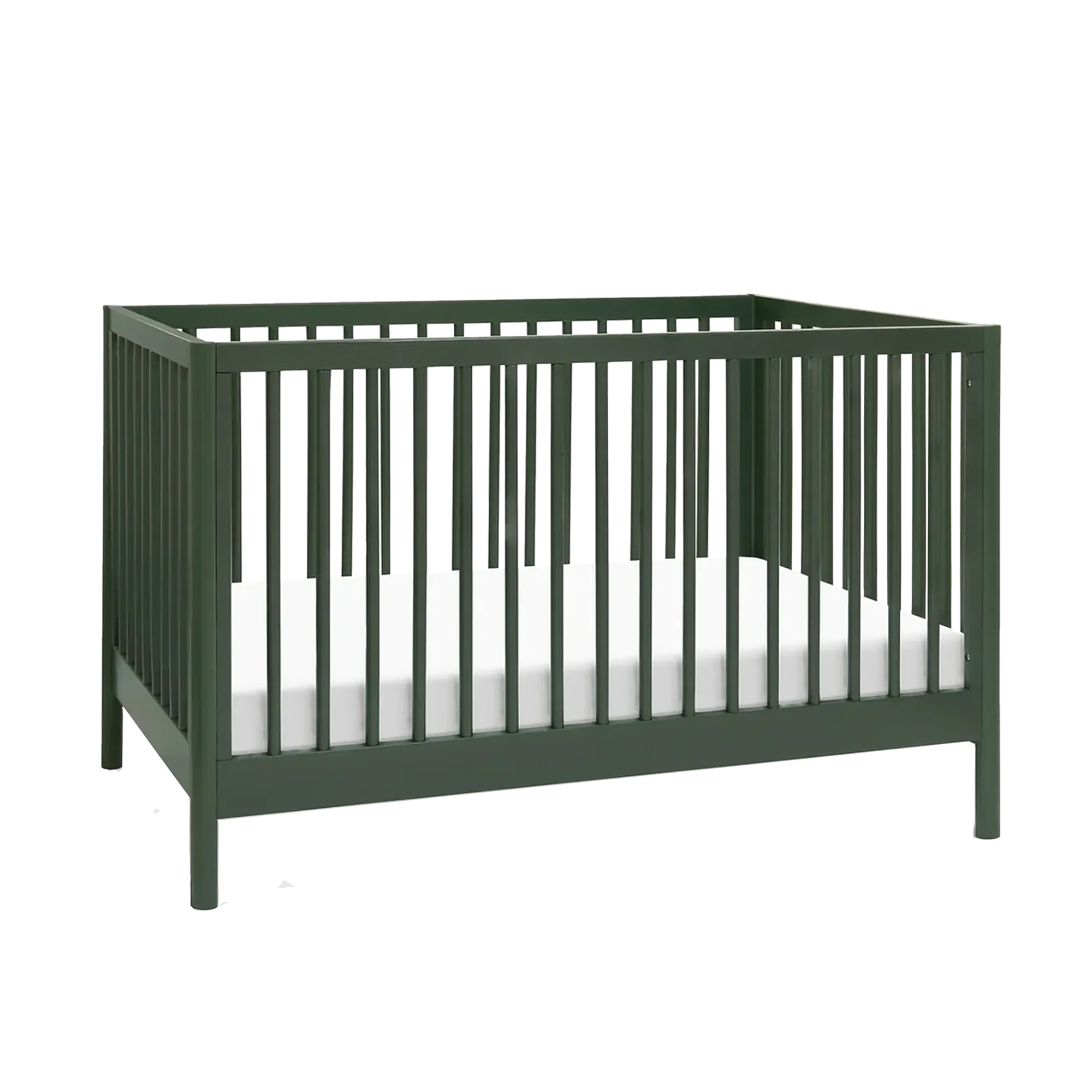 DaVinci Birdie 3-in-1 convertible crib in warm walnut finish with vertical slatted sides, shown in a styled nursery with a fitted mattress.