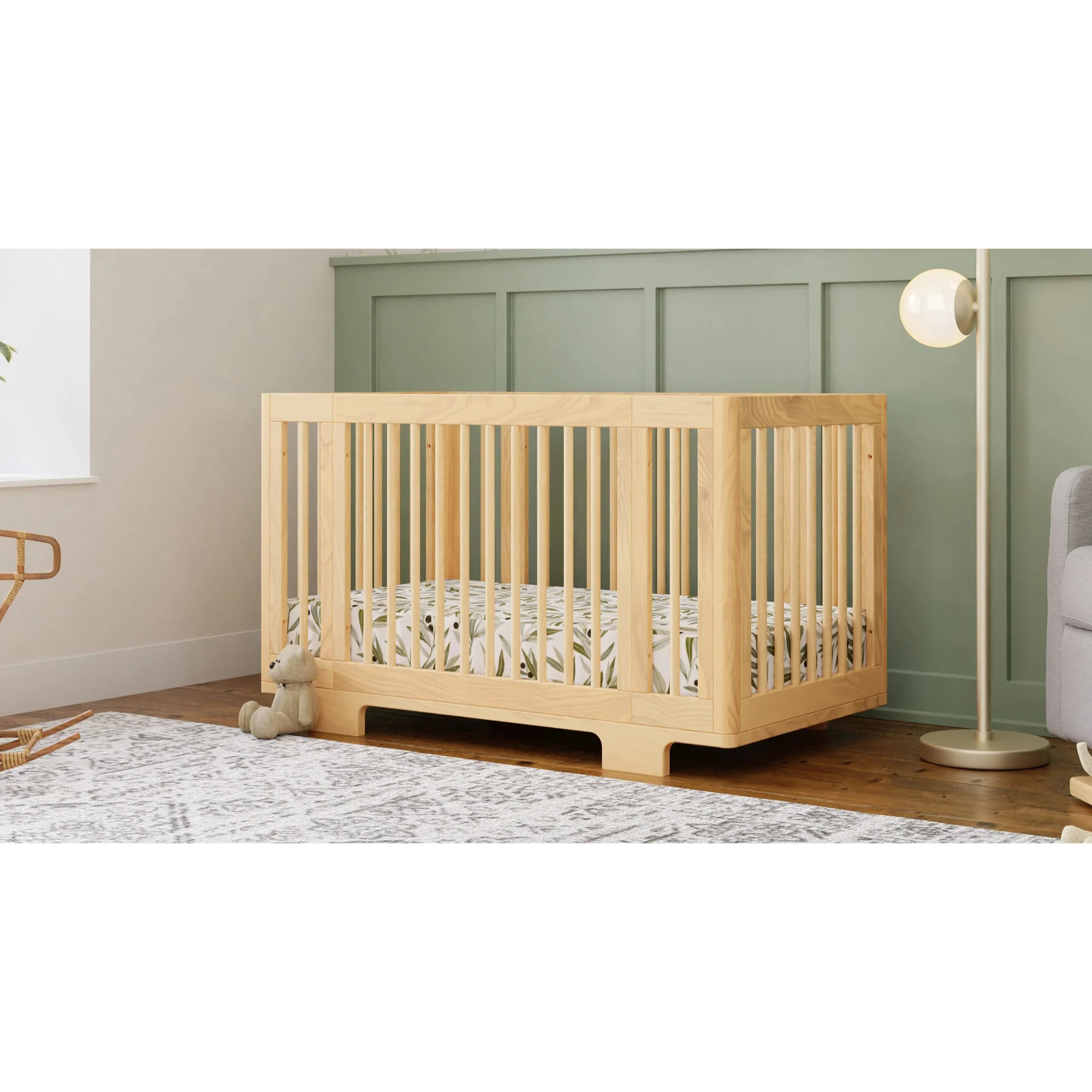 The Babyletto Yuzu 8-in-1 Convertible Crib creates a cozy and stylish bedroom nursery with smart space-saving functionality. 