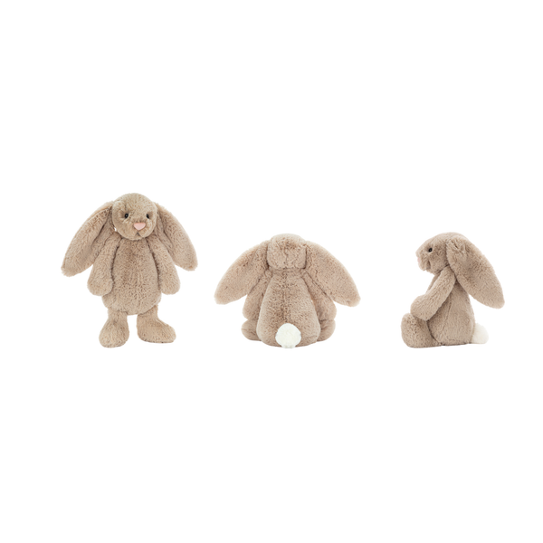 Jellycat Bashful Bunny shown in different positions, highlighting its soft plush texture, floppy ears, and cuddly design.