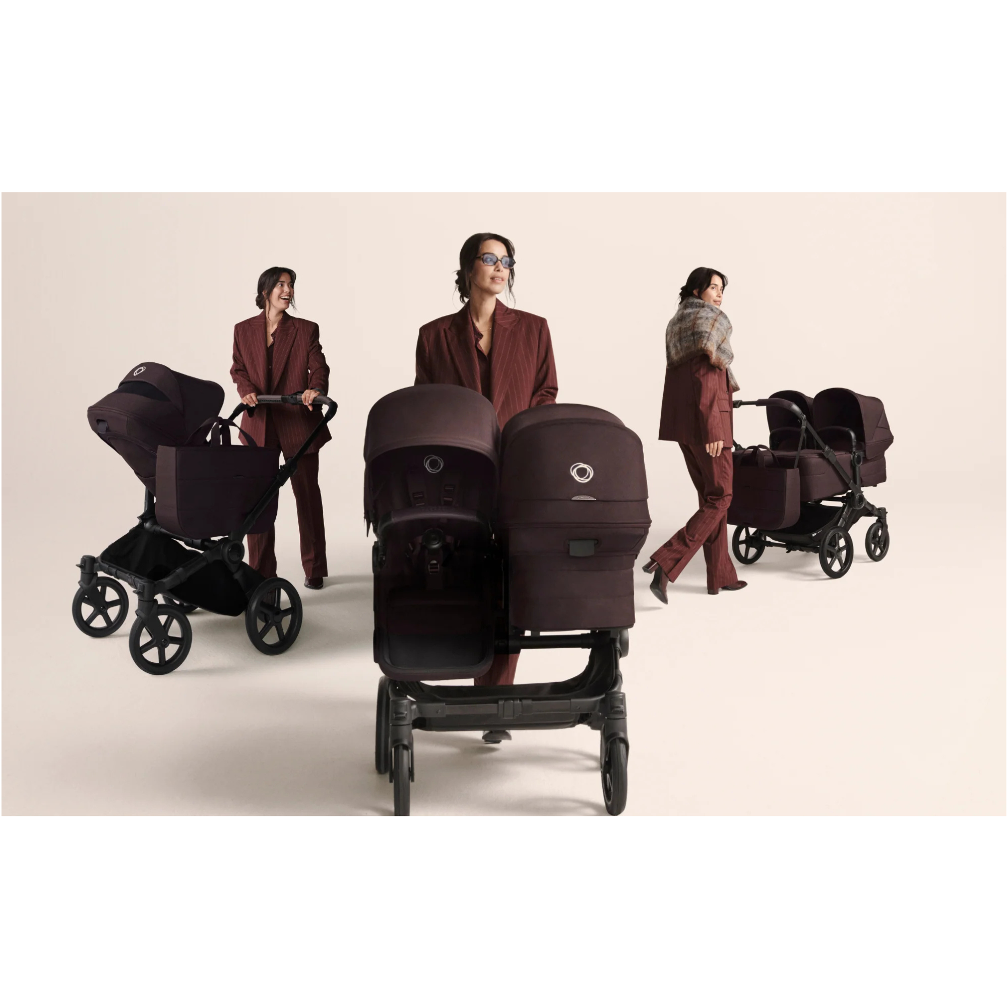 Mom demonstrates the Bugaboo Donkey 6 stroller in multiple double configurations, highlighting its adaptable seating options. 
