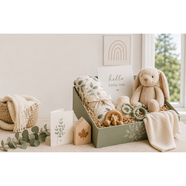A curated baby shower gift box with a plush bunny, swaddle, teether, and cozy newborn essentials.