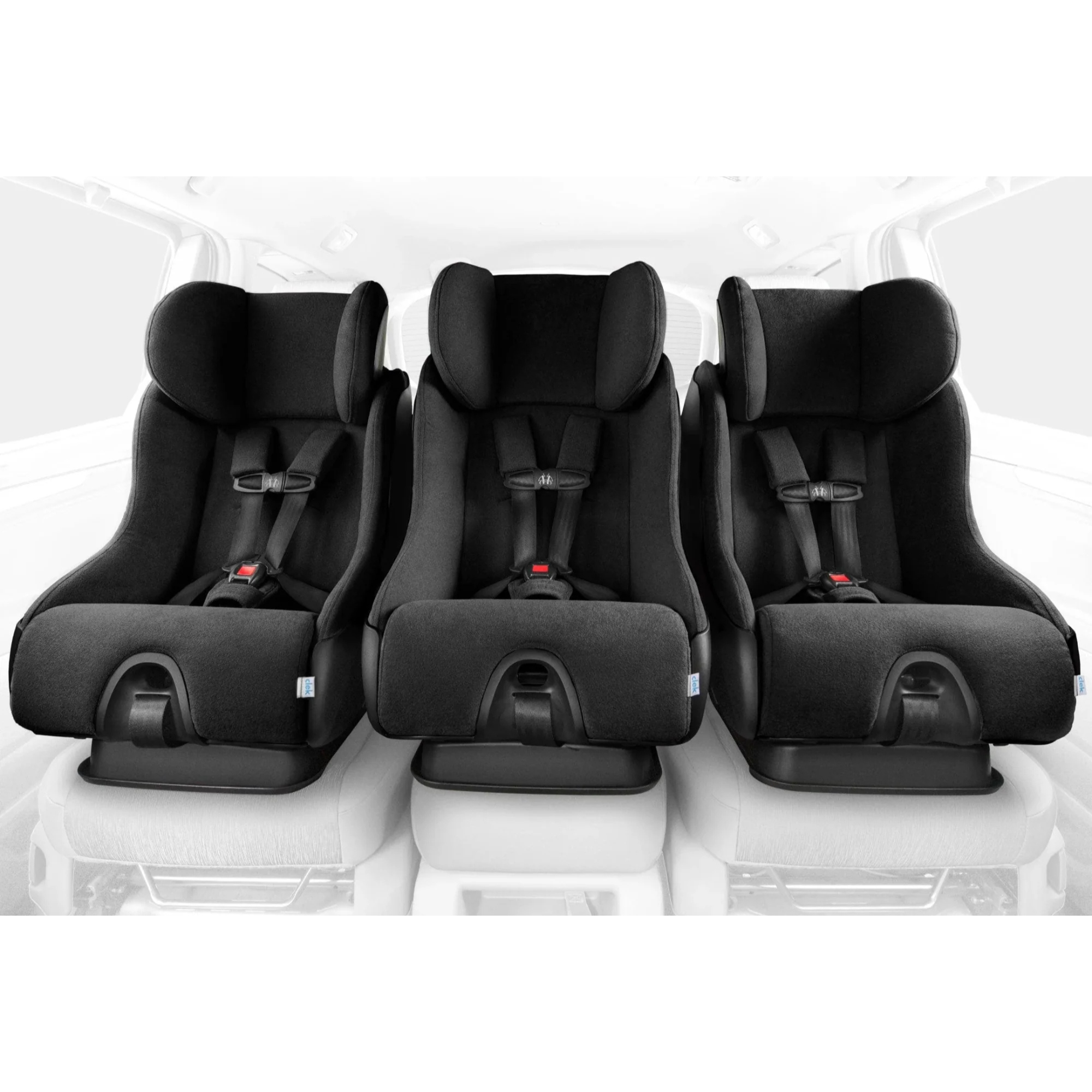 Clek Fllo car seat shown in three adjustable stages on a white background, designed to grow with your child from infancy to childhood. 
