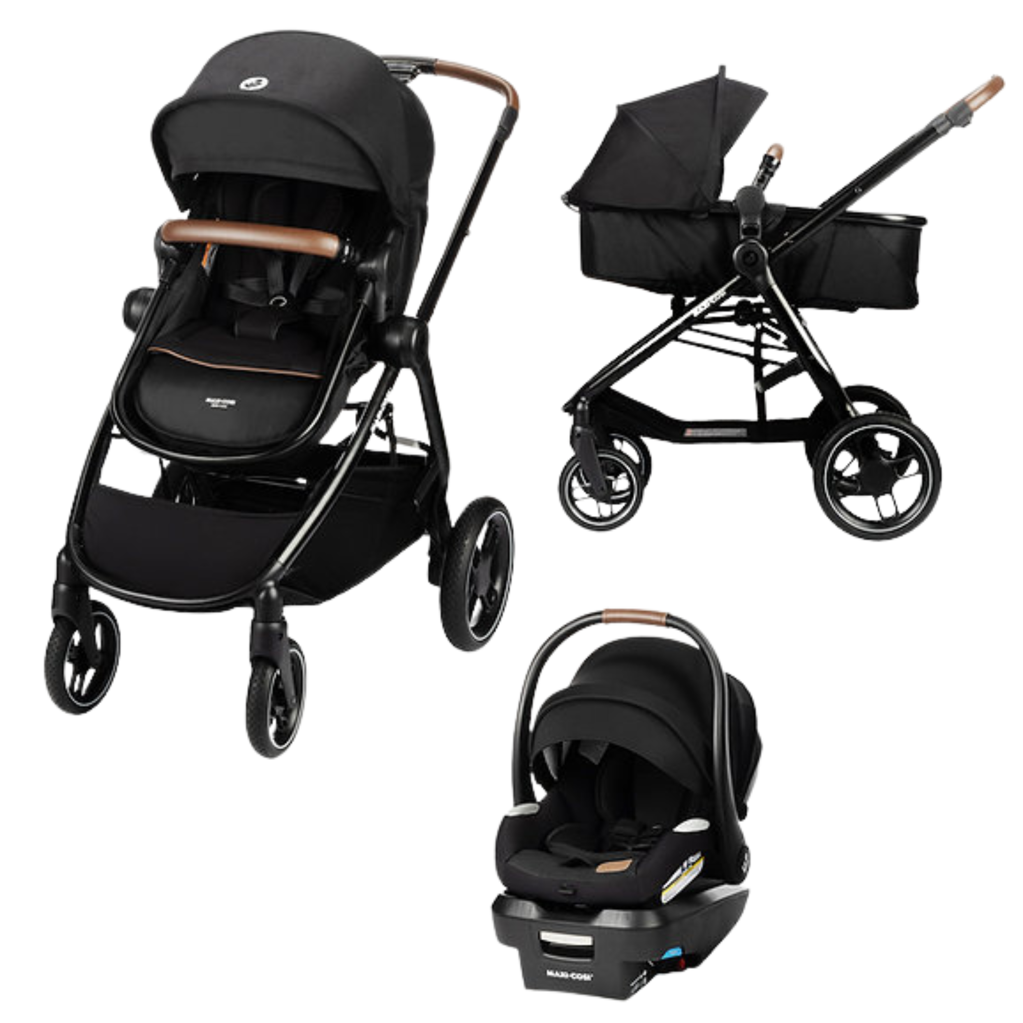 Maxi-Cosi Zelia Luxe 5-in-1 Modular Travel System in Basalt Black showing stroller, bassinet, and infant car seat configurations