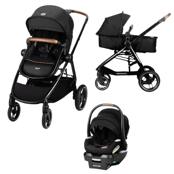 Maxi-Cosi Zelia Luxe 5-in-1 Modular Travel System in Basalt Black showing stroller, bassinet, and infant car seat configurations