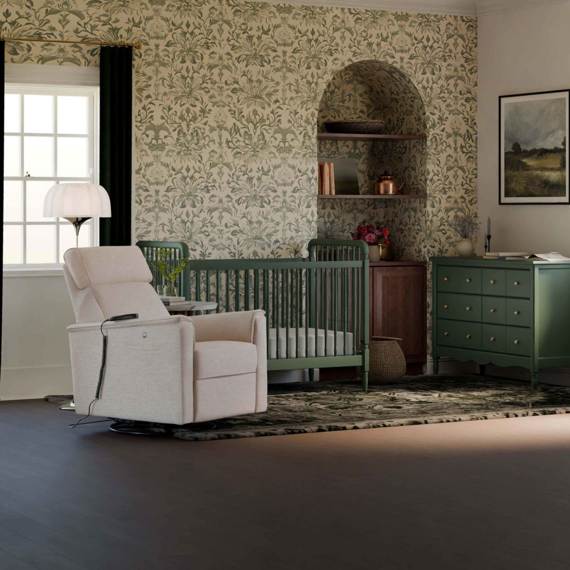 NAMESAKE Willa Deluxe Power Glider Recliner showcased in a cozy living room, featuring heat, massage, and ultimate comfort design. 