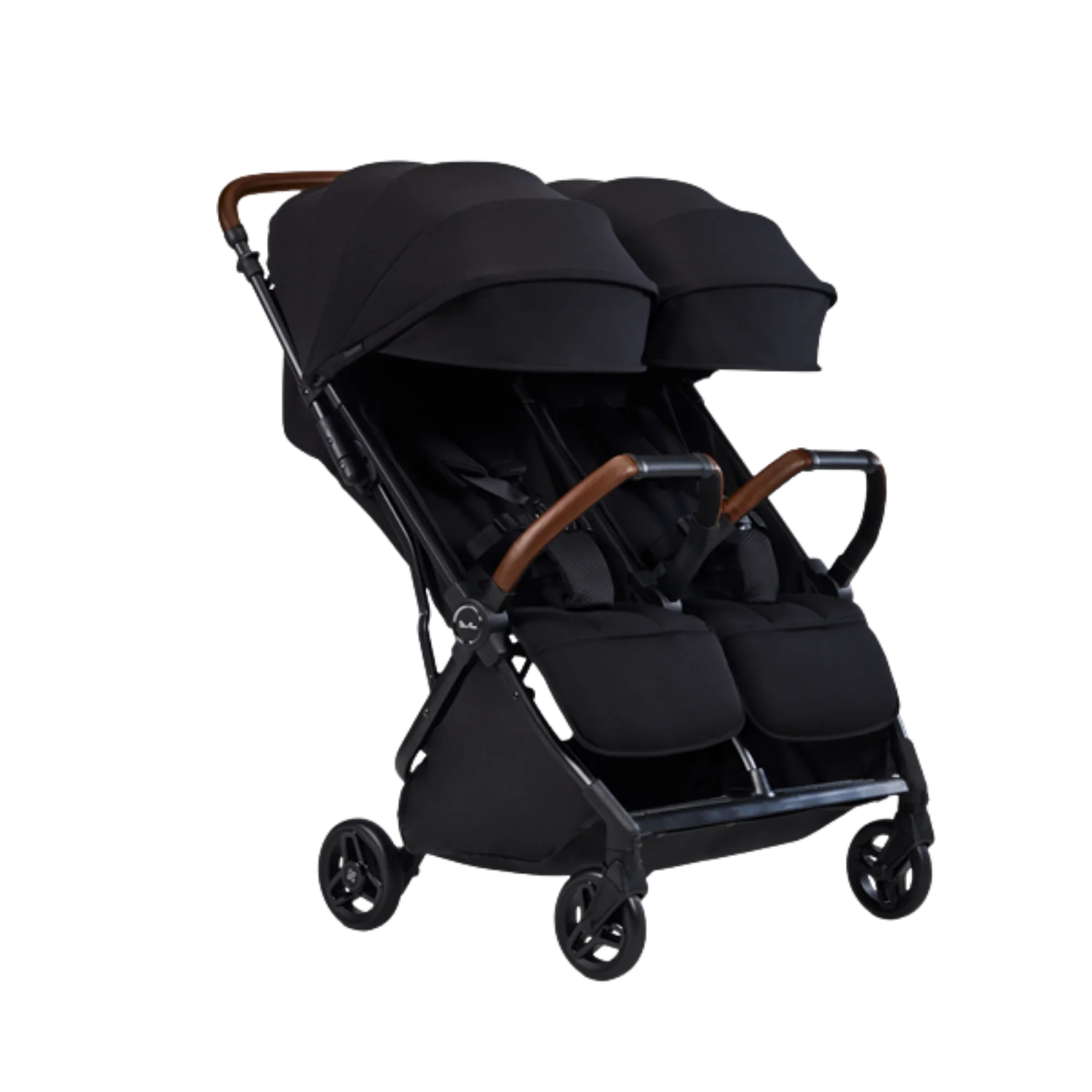  Silver Cross Jet Double travel stroller in black with a tan leather handle, showing side-by-side seats and dual canopies for two children.