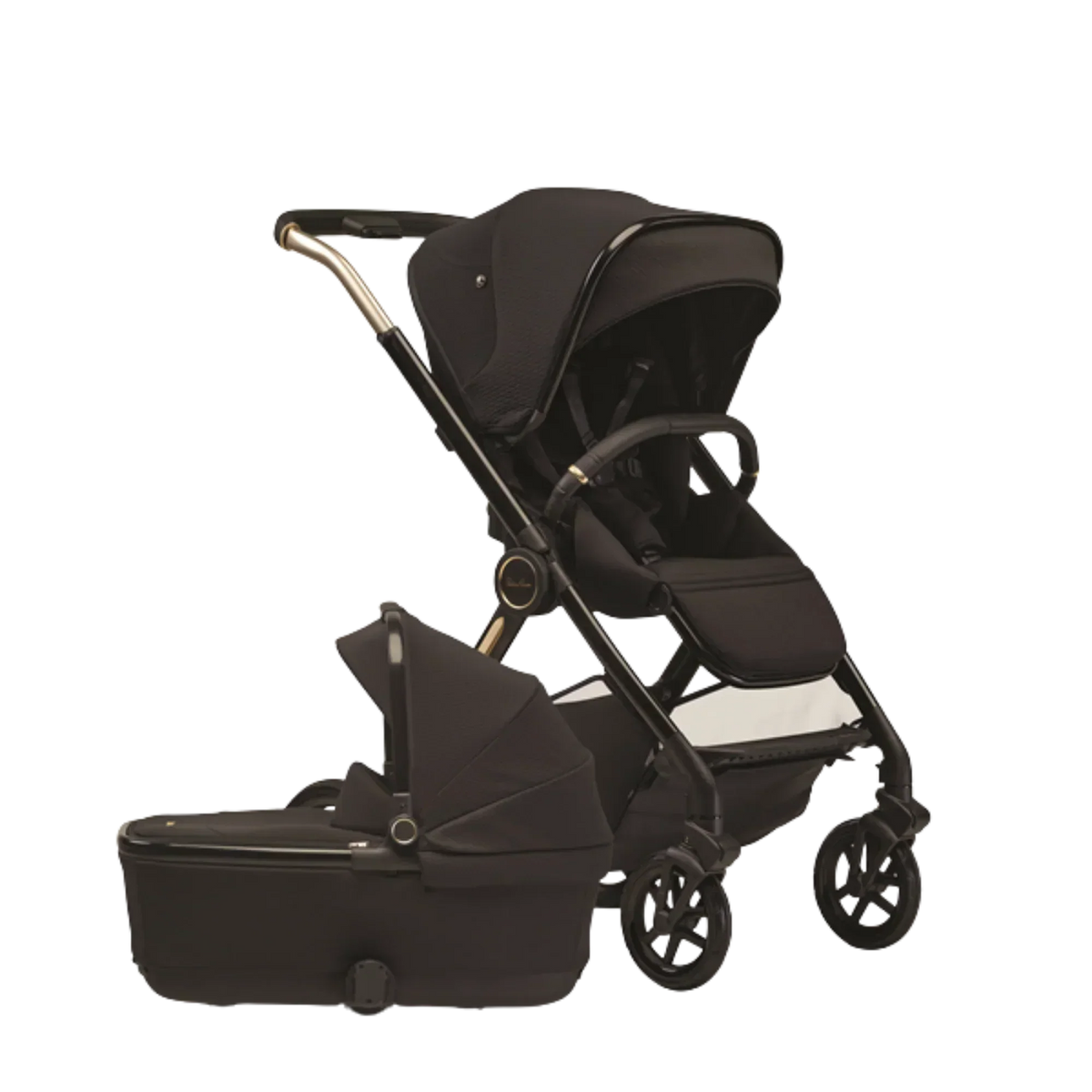 Black and gold bassinet stroller configured with a toddler seat and detached carrycot, shown in side-angled view against a black background. 