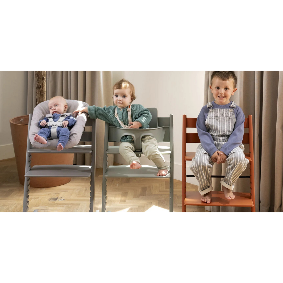 Stokke Tripp Trapp wooden high chair with adjustable seat plate and footrest rails made from European beech wood, chair only view 