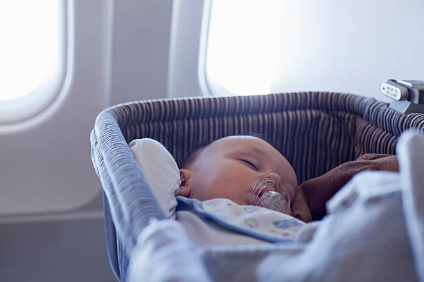Newborn sleeping on a plane, representing flying with a baby.