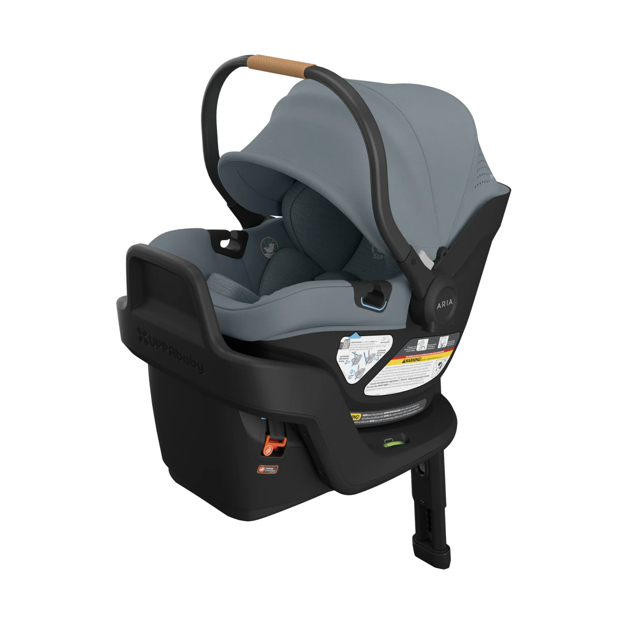  UPPAbaby Aria rear-facing infant car seat in slate grey with a tan leather handle, shown clicked onto its load-leg base with canopy up.