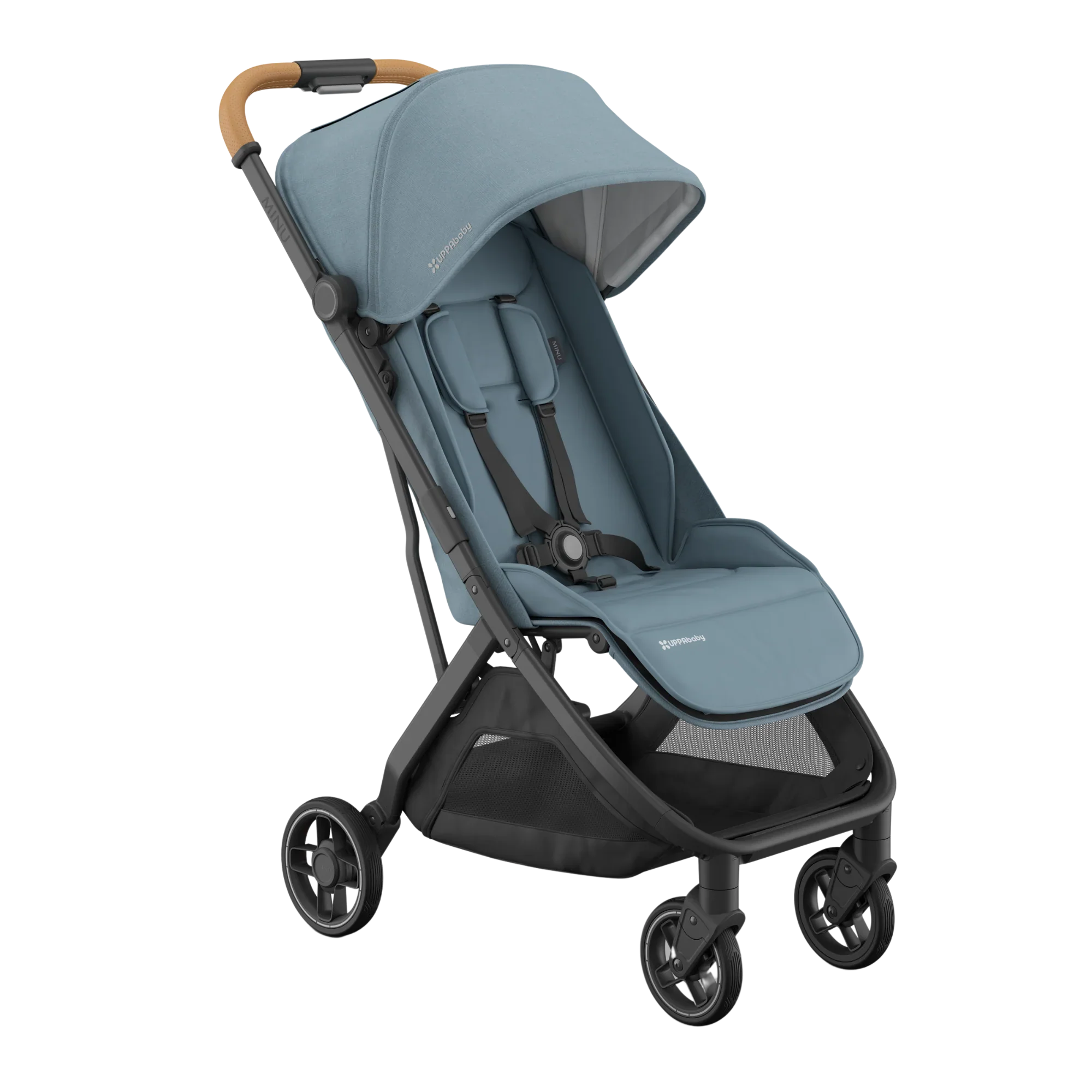 UPPAbaby Minu V3 compact stroller in Donatella blue with tan leather handle, extended canopy, and black frame on white background.