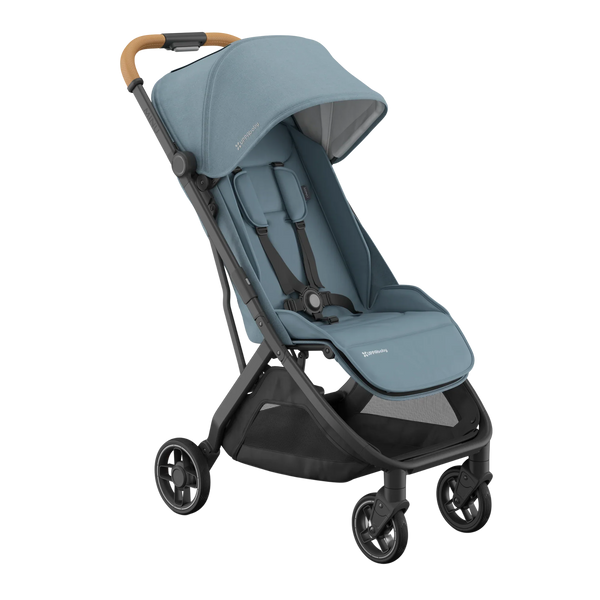 UPPAbaby Minu V3 compact stroller in Donatella blue with tan leather handle, extended canopy, and black frame on white background.