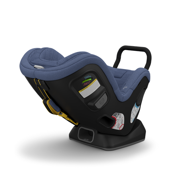 UPPAbaby Rove Convertible Car Seat in Cody blue showing underside base with UAS connectors, recline adjuster and installation indicators