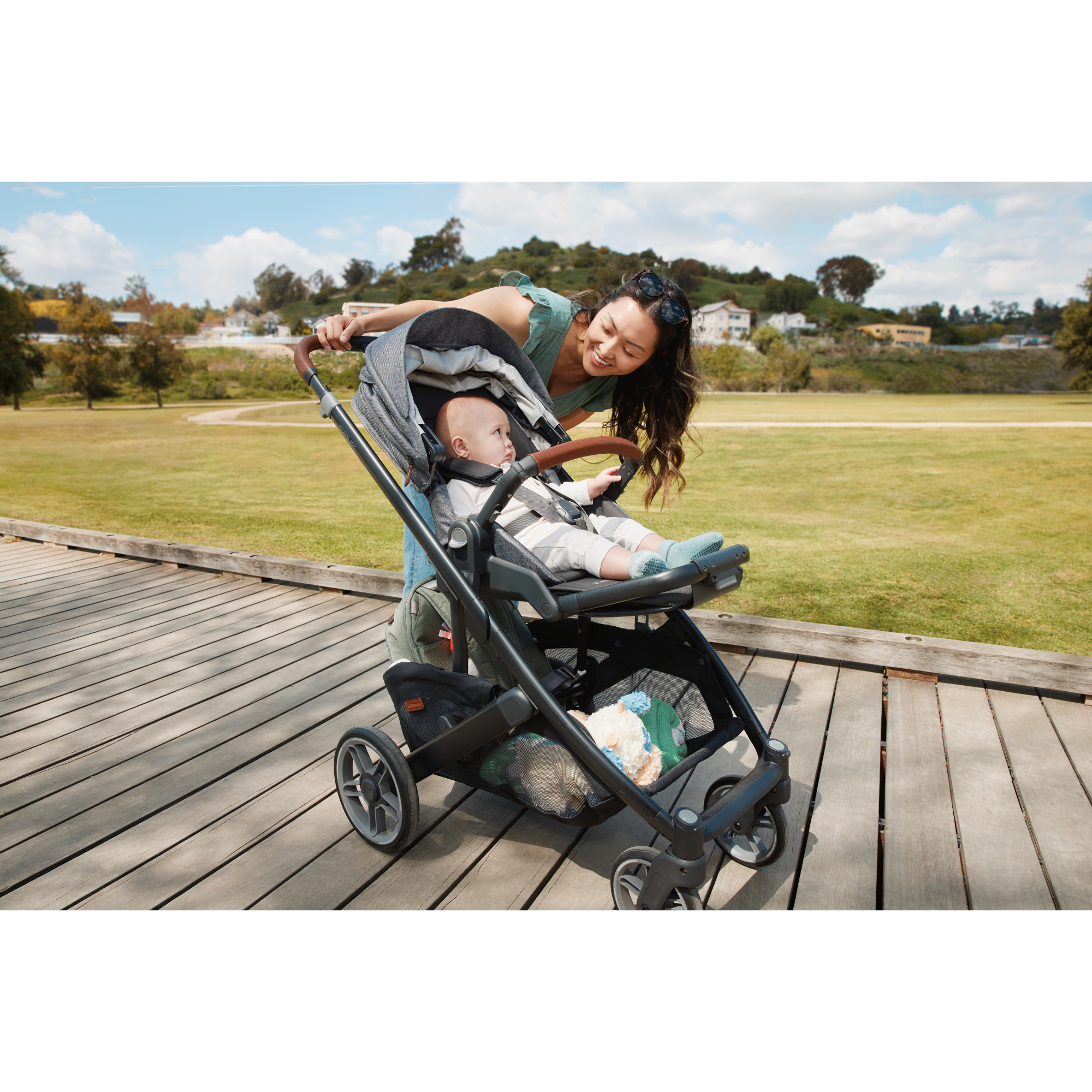 UPPAbaby Cruz V3 stroller in sleek gray shown fully assembled with canopy extended, highlighting its compact design and smooth modern frame.