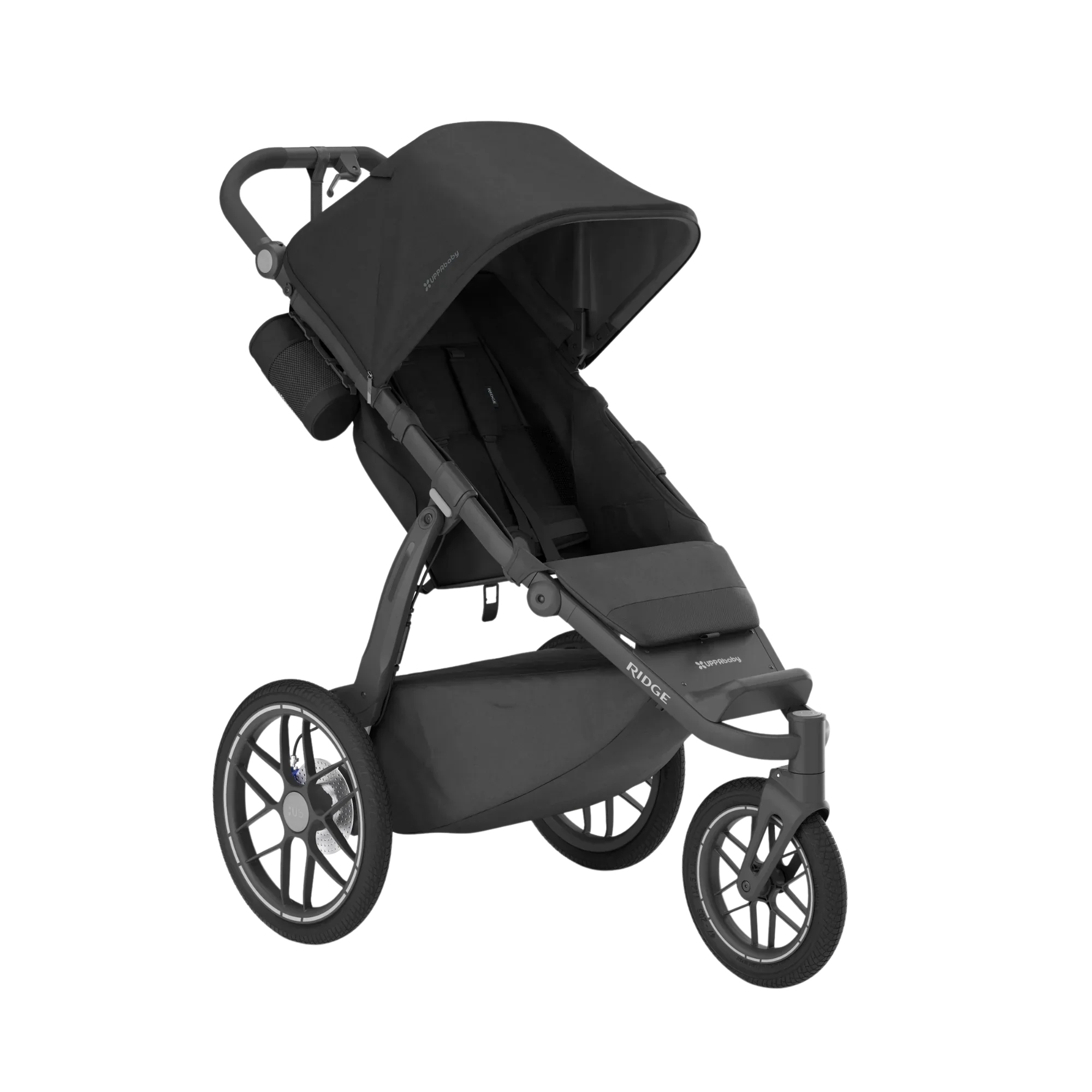 UPPAbaby Ridge V2 stroller on a white background, showcasing all-terrain wheels, suspension, adjustable handlebar, and sleek design.