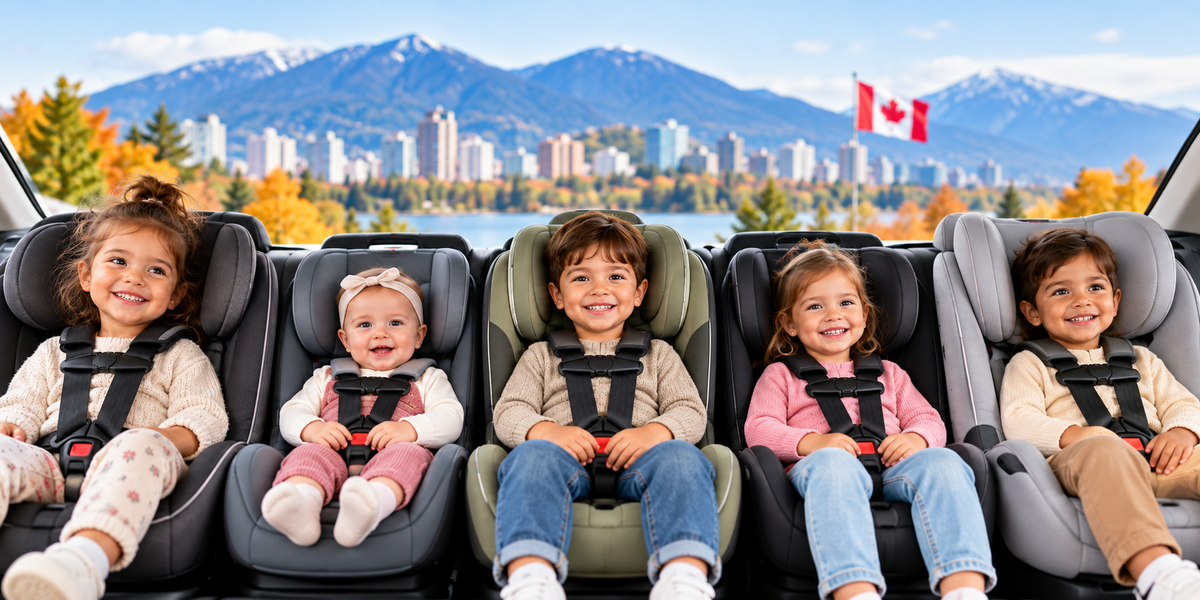 Happy toddlers sit comfortably in car seats, showcasing safe and cozy family travel across Canada.