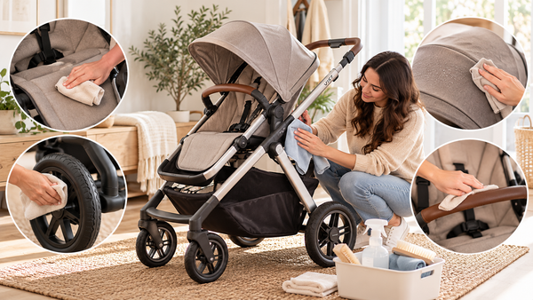 Mom cleaning the UPPAbaby Vista V3 stroller, including the fabric, frame, wheels, and handlebar.