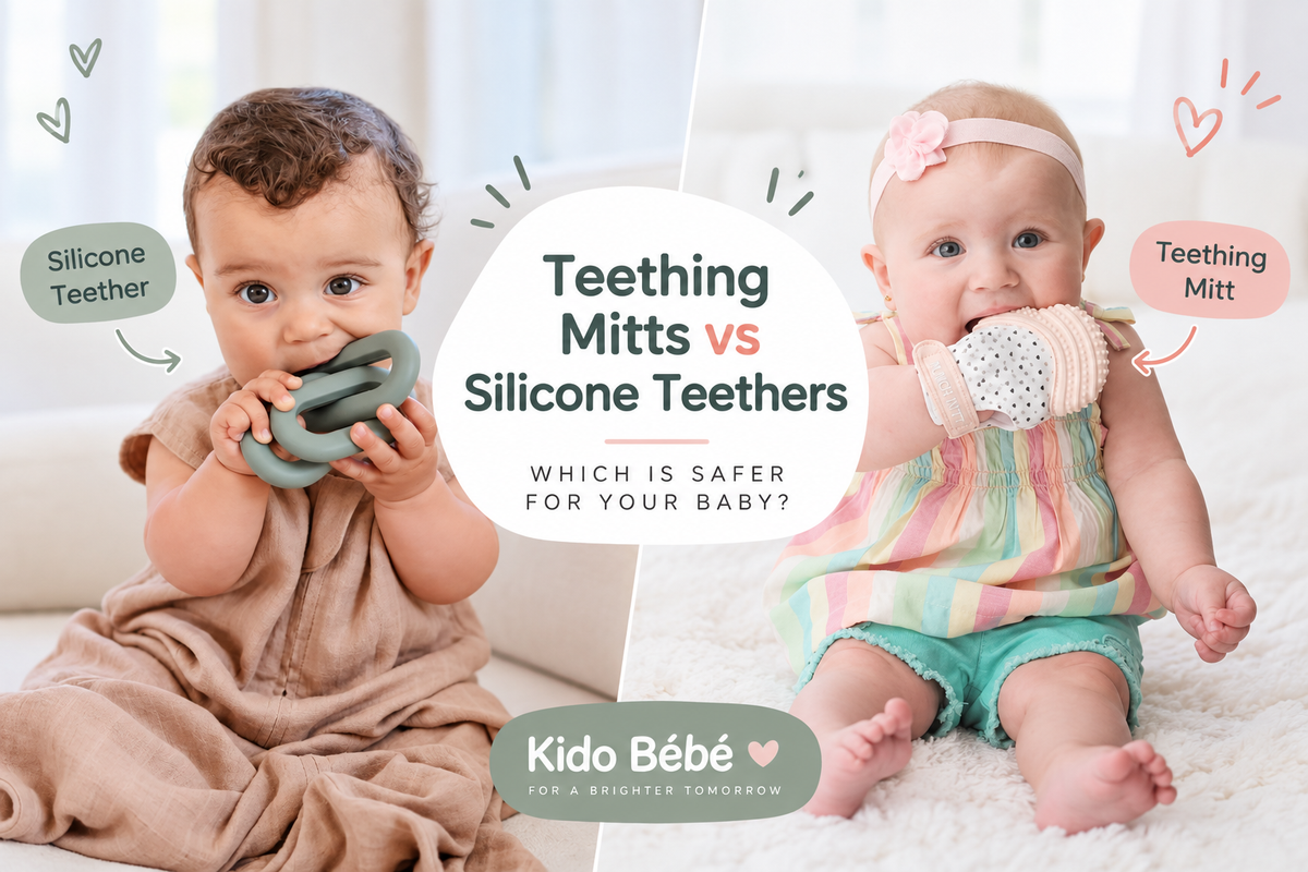 Teething mitt vs silicone teether comparison, showing babies using each option to soothe sore gums safely and comfortably.