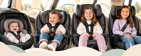 Children at different stages sit comfortably in car seats, showing the journey from baby to booster as they grow.