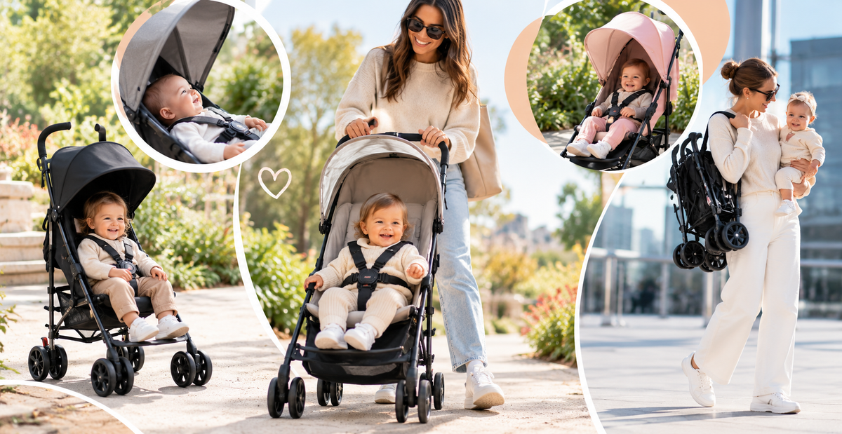 A happy mom pushes her smiling baby in a lightweight umbrella stroller, enjoying a sunny, comfortable stroll through the park.
