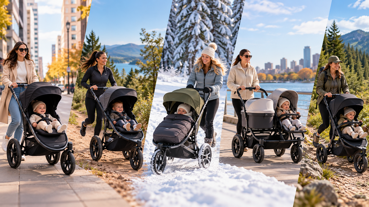 All-terrain strollers in Canada shown on city streets, snowy paths, and rugged trails for everyday family adventures.