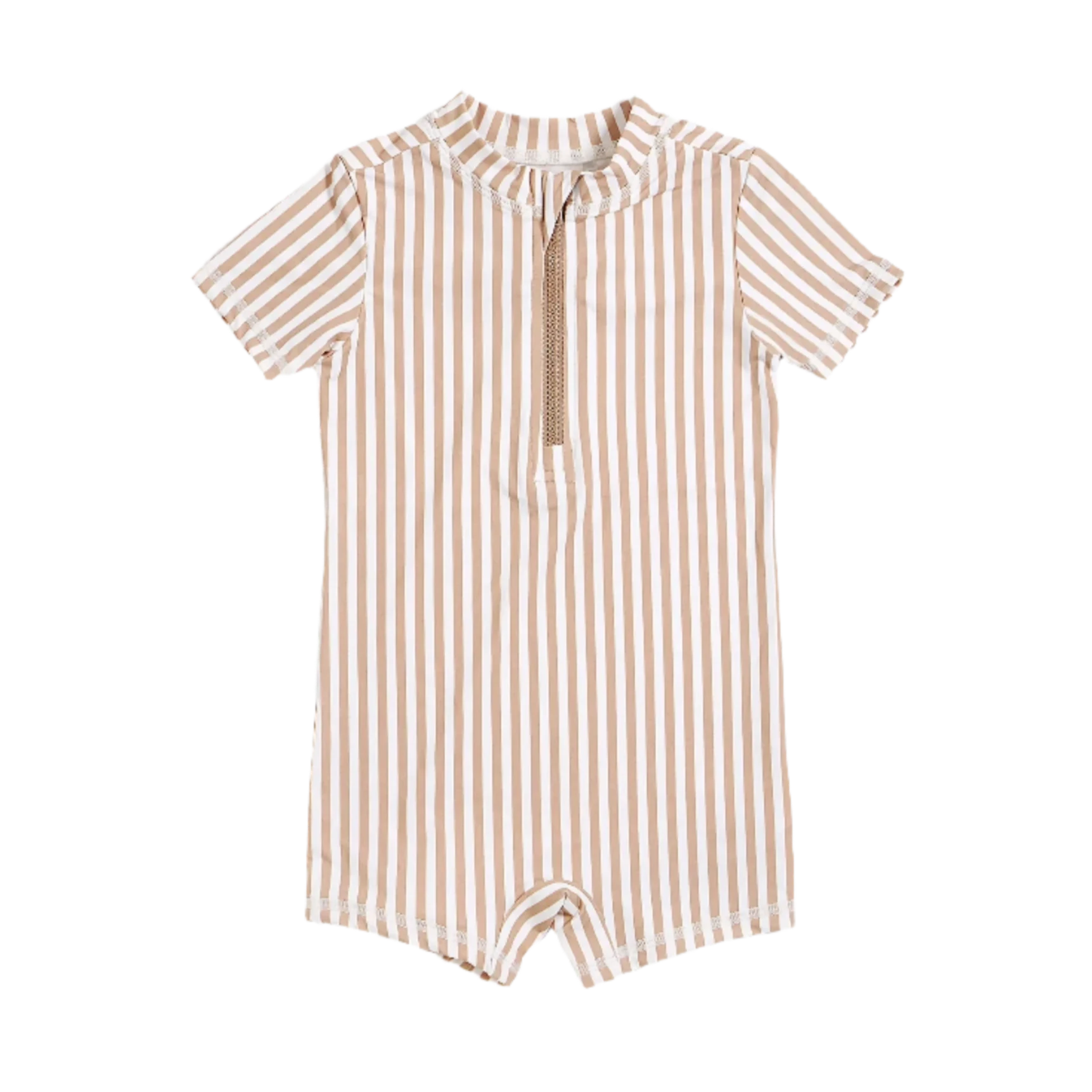 PETIT LEM Taupe Striped Short Sleeve Swim Romper