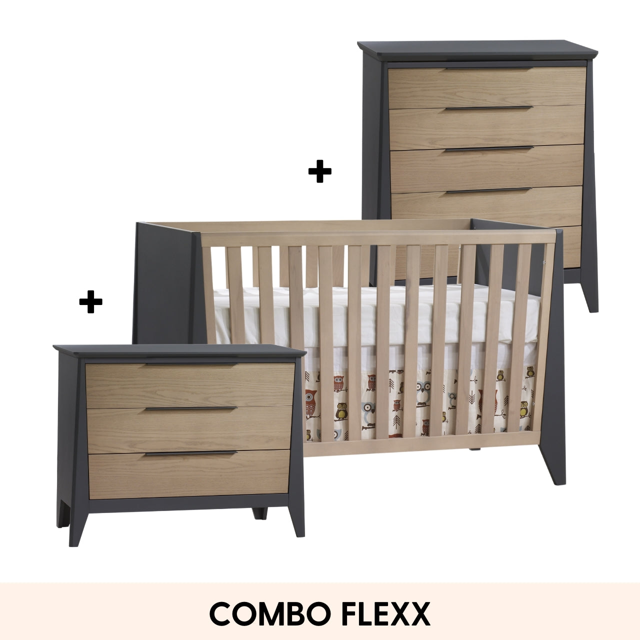 NEST Flexx Classic Crib + 3-Drawer Dresser + 5-Drawer Dresser - Graphite/Wheat (LIMITED QUANTITY)