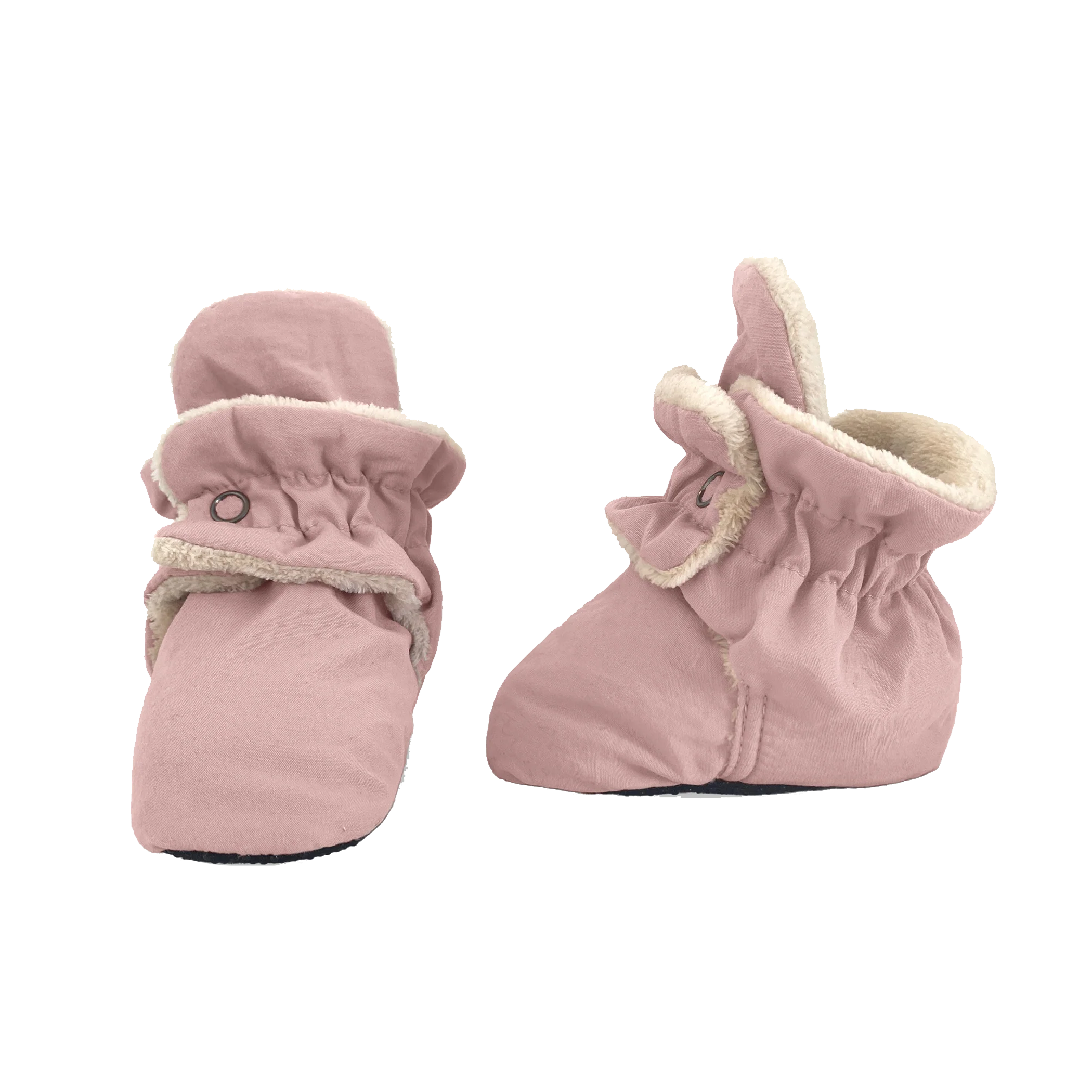 Pair of soft pink baby booties with elastic cuffs and cozy lining, designed to keep little feet warm and secure.