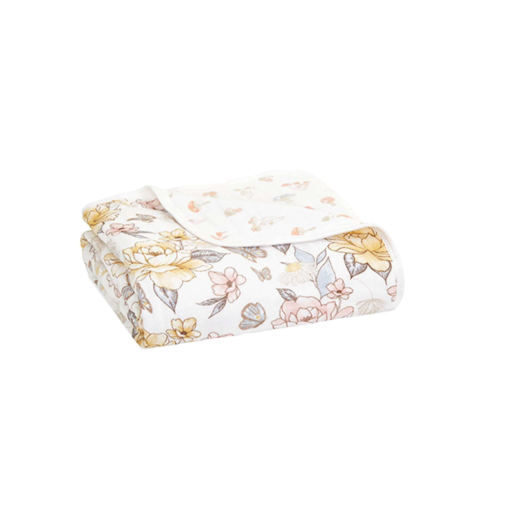 ADEN + ANAIS Organic Dream Blanket in Earthly/Rosewood floral print, folded to show soft, breathable cotton fabric and corner stitching.