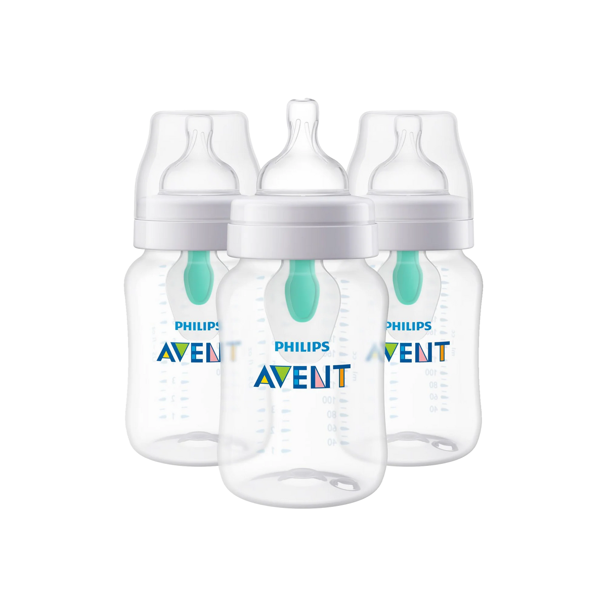 Three Philips Avent Anti-Colic baby bottles with AirFree vents, designed to reduce gas and spit-up while providing comfortable feeding for newborns.