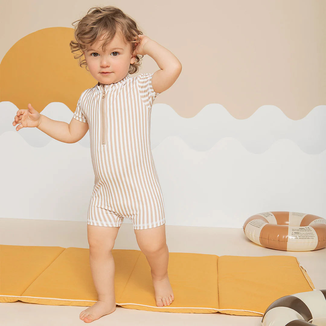 PETIT LEM Taupe Striped Short Sleeve Swim Romper