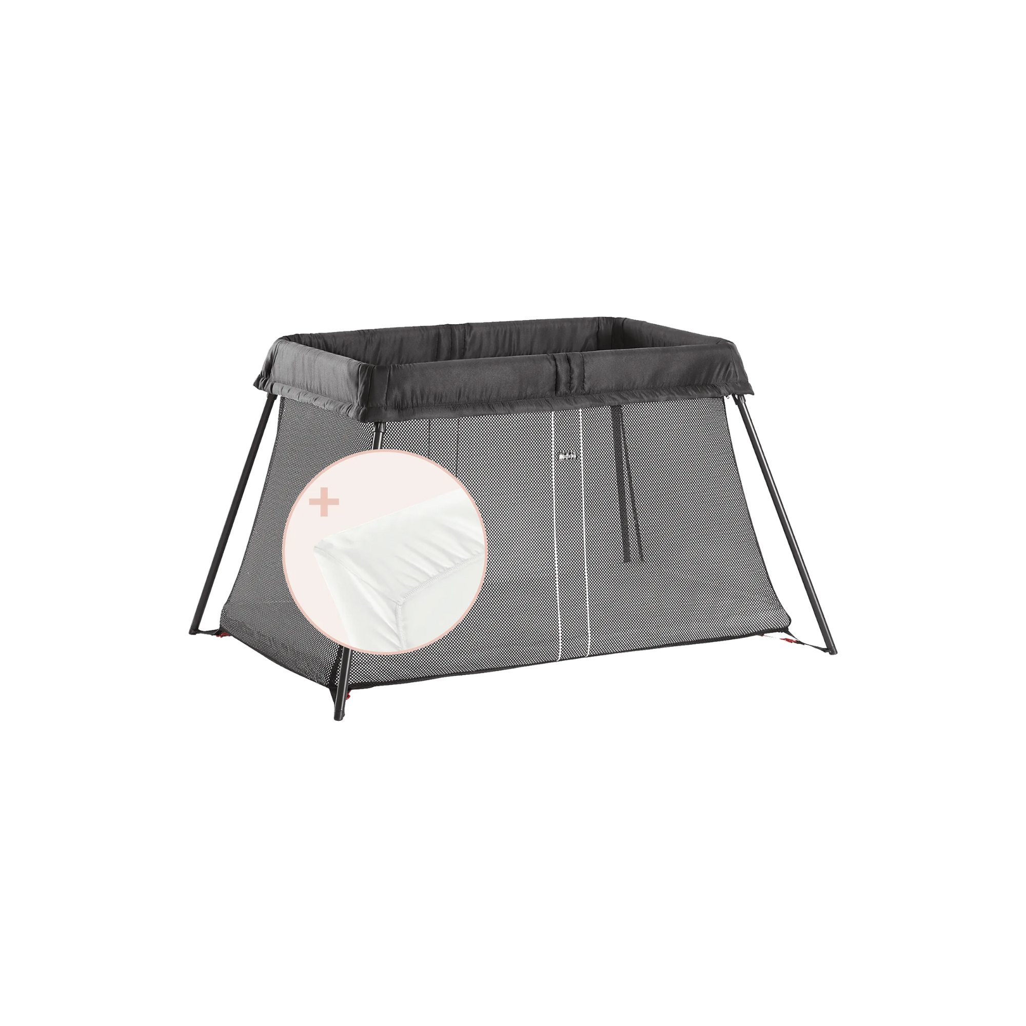 Compact dark grey travel crib with mesh sides, sturdy black legs, and zippered side panel, designed for easy transport and safe sleep.