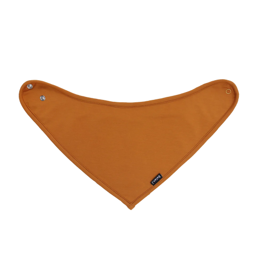 Soft terracotta bandana bib with snap closure, designed to keep babies dry and comfortable during feeding or teething.