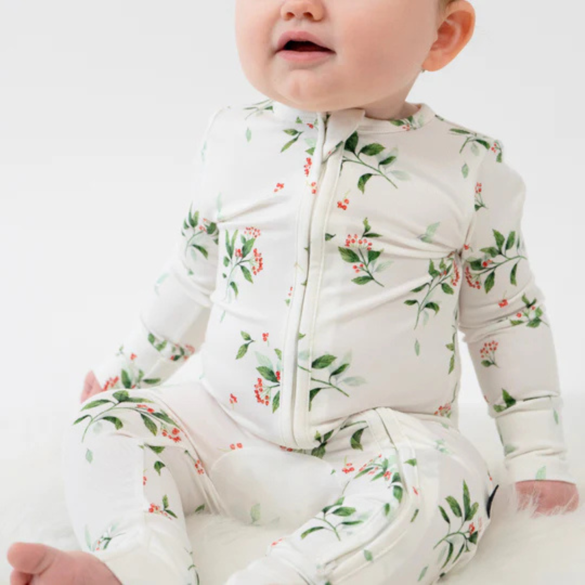 BELAN J Bamboo Footless Sleeper with Fold-Over Cuffs - Holly Berries