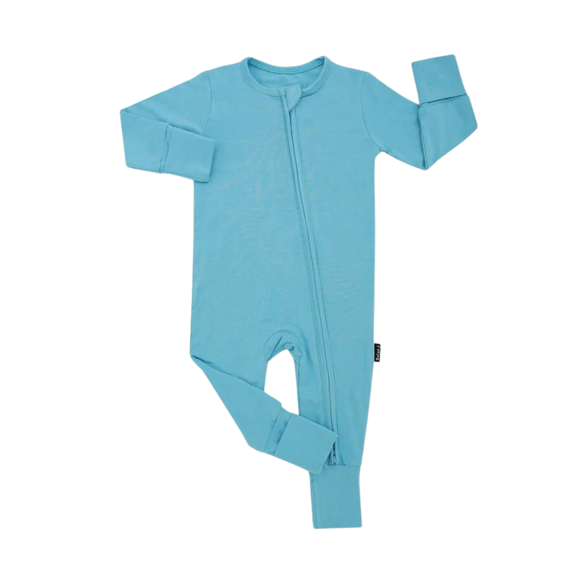 Belan.J footless sleeper in electric blue with long sleeves, front zipper, and fold-over cuffs, shown on white background.