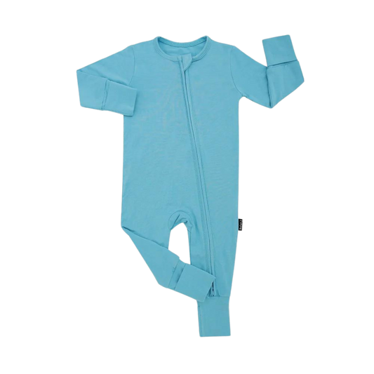 Belan.J footless sleeper in electric blue with long sleeves, front zipper, and fold-over cuffs, shown on white background.