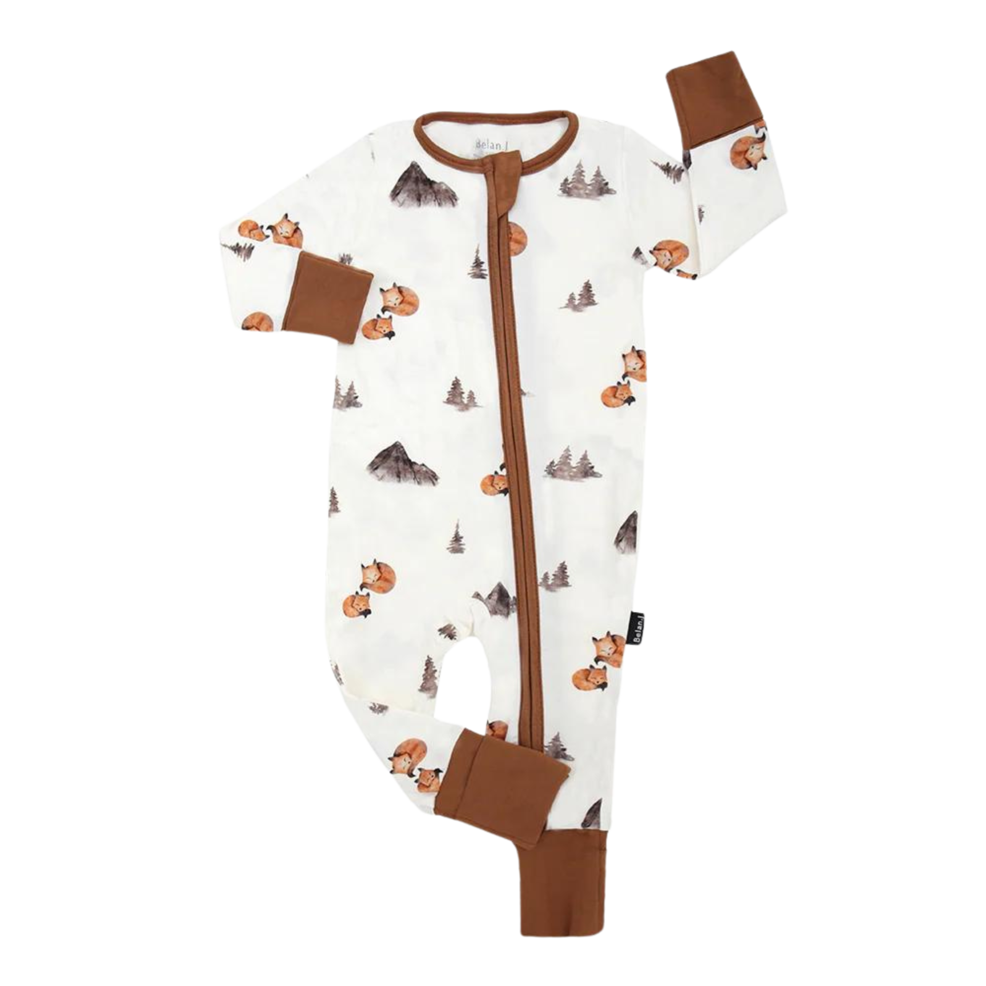 BELAN J white baby footless sleeper with fold-over cuffs, fox and forest print, brown zipper trim and cuffs, laid flat to show full design.