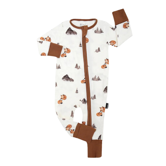 BELAN J white baby footless sleeper with fold-over cuffs, fox and forest print, brown zipper trim and cuffs, laid flat to show full design.